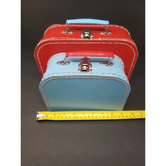 Two European Mini Suitcases for Toys or Doll Clothes Red Blue Metal Handle Clasp - Picture 16 of 16